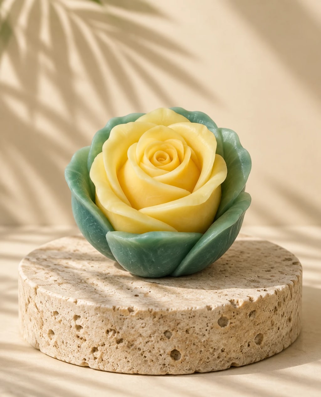 Jabón en forma de rosa amarilla sobre una base verde de hojas, sobre un podio de travertino con sombra de palmas; imagen de estudio hecha a partir de la foto real.
