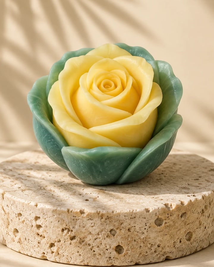 Jabón en forma de rosa amarilla sobre una base verde de hojas, sobre un podio de travertino con sombra de palmas; imagen de estudio hecha a partir de la foto real.